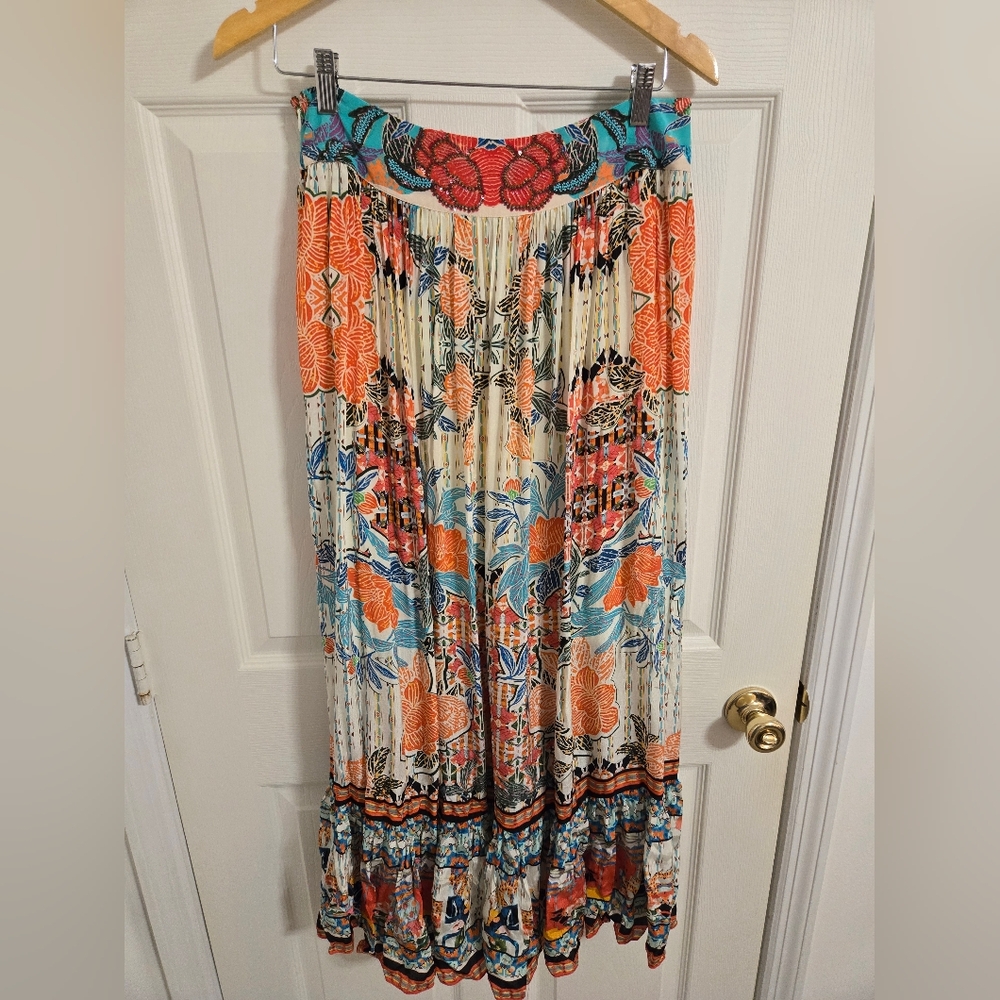 Anthropologie BHANUNI BY JYOTI Floral Orange And BlueMaxi Boho Skirt Size 6 - Picture 2 of 15